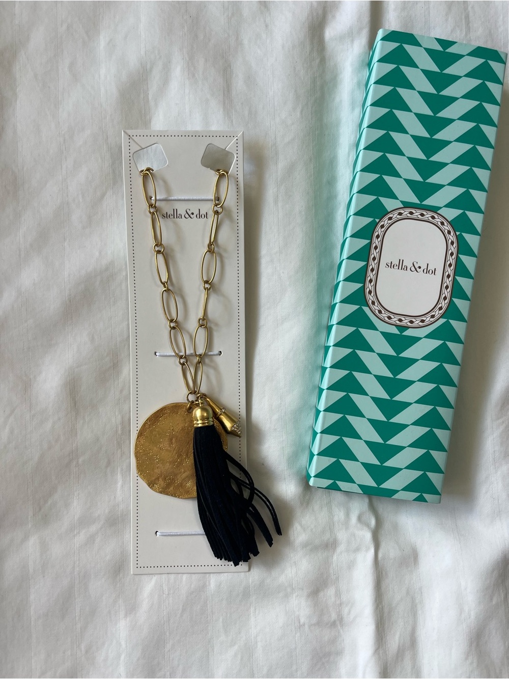 Stella & Dot Gold Chain Necklace with Black Tassel and Disc
